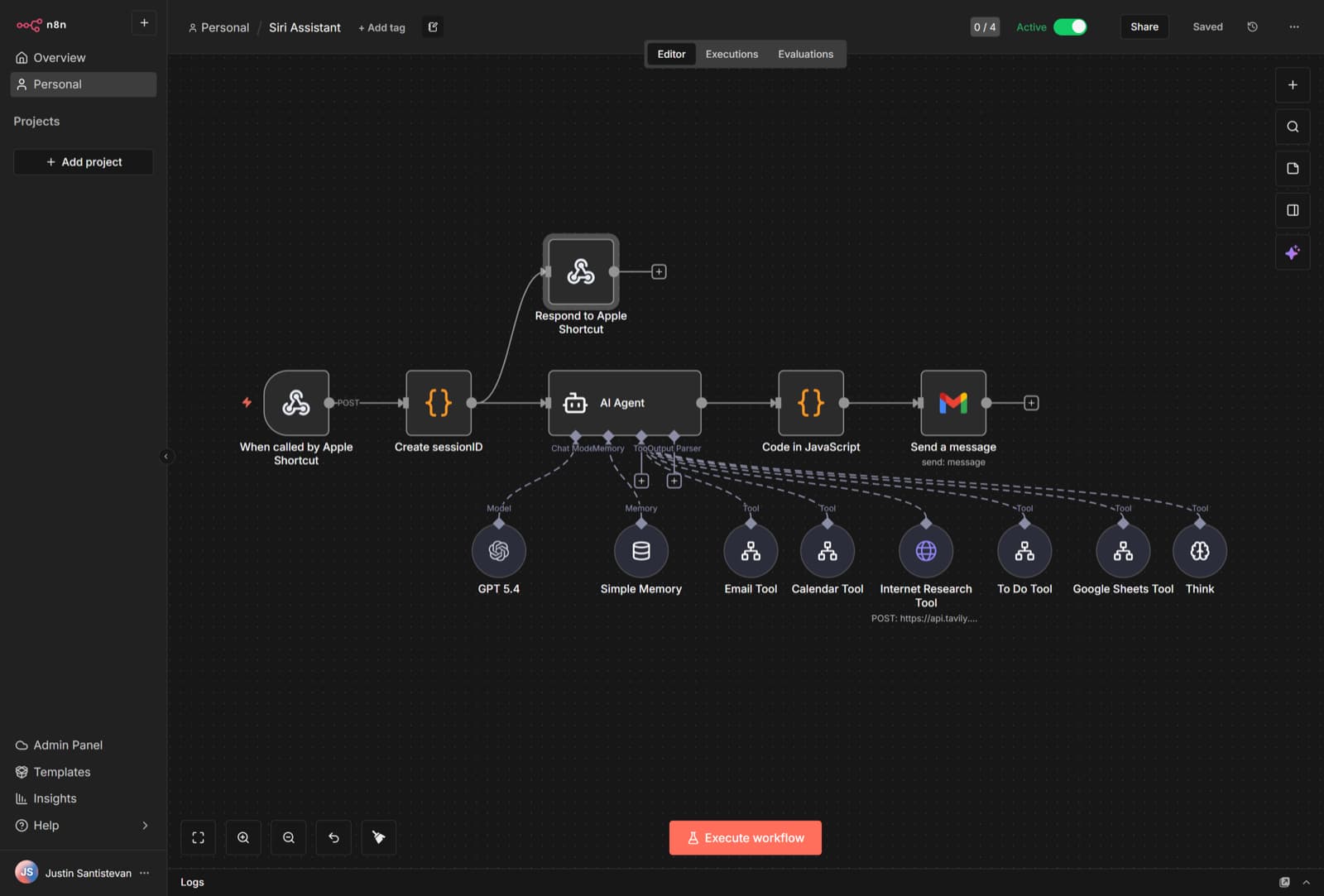 Siri Assistant workflow graph in n8n with Apple Shortcut webhook, sessionID generator, AI Agent, JavaScript code node, and Gmail send node, plus Email, Calendar, Internet Research, To Do, Google Sheets, and Think tool nodes