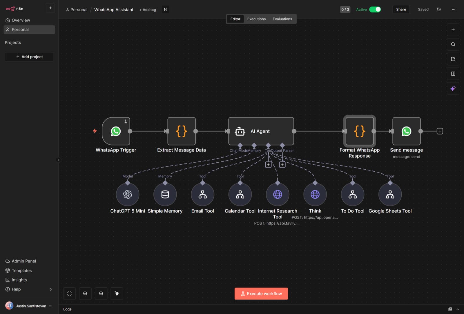 WhatsApp Assistant workflow graph in n8n with WhatsApp Trigger, message extraction, AI Agent, response formatter, and message send node, plus shared tool nodes