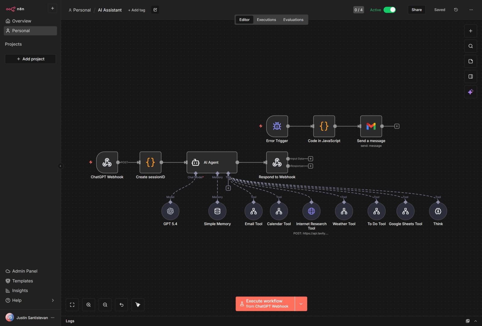 ChatGPT Assistant workflow graph in n8n with Custom GPT webhook, sessionID generator, AI Agent, response webhook, and parallel error trigger branch that emails on failed executions