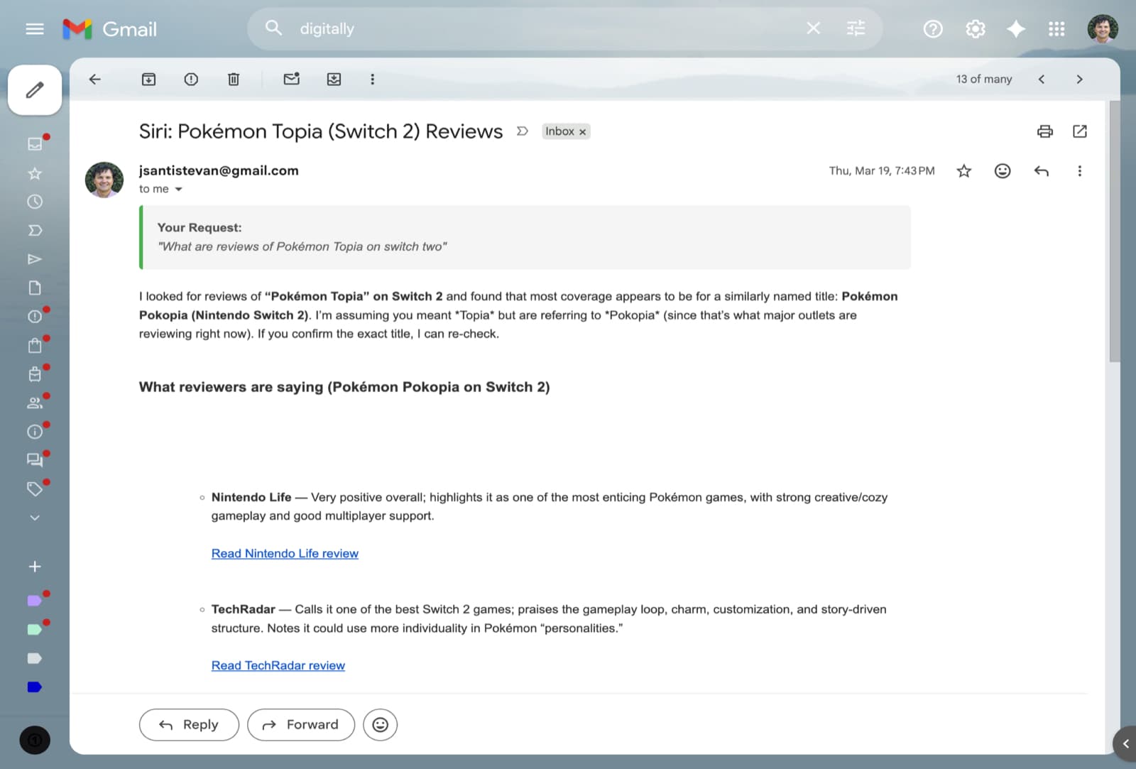 Email response from Siri Assistant titled Pokémon Topia Switch 2 Reviews with summary, source list, and clickable review links