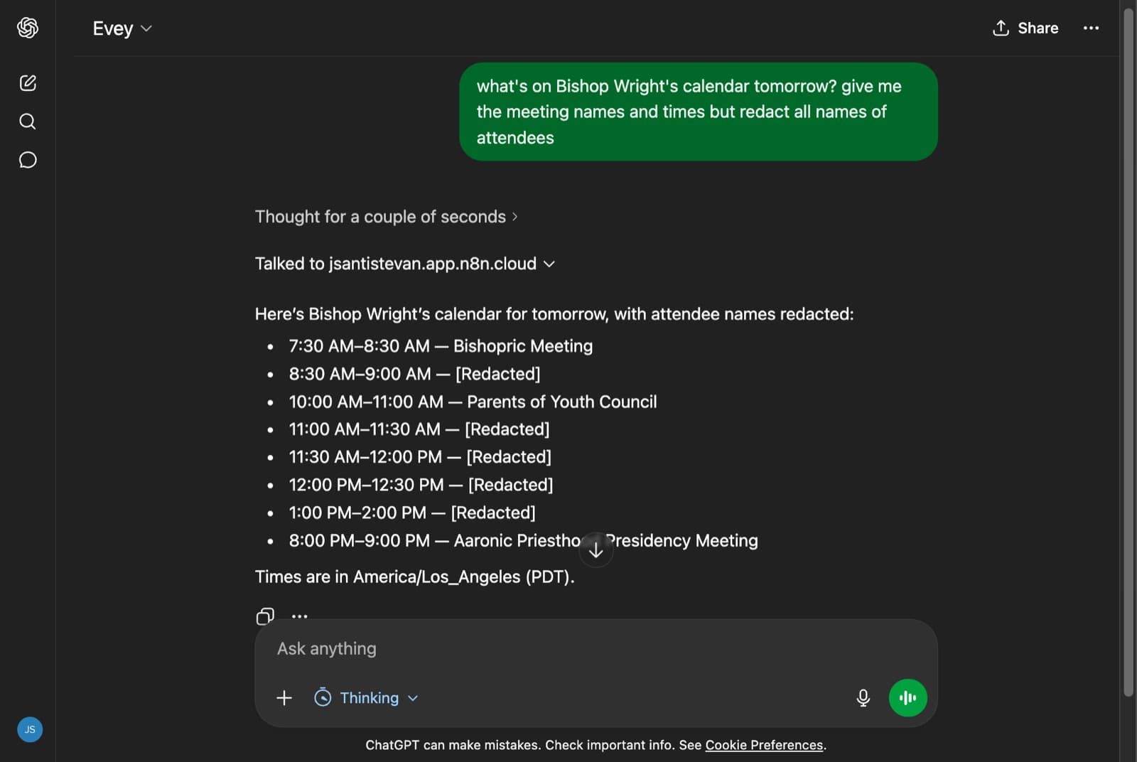 ChatGPT Assistant chat showing a calendar query for tomorrow with attendee names redacted in the response