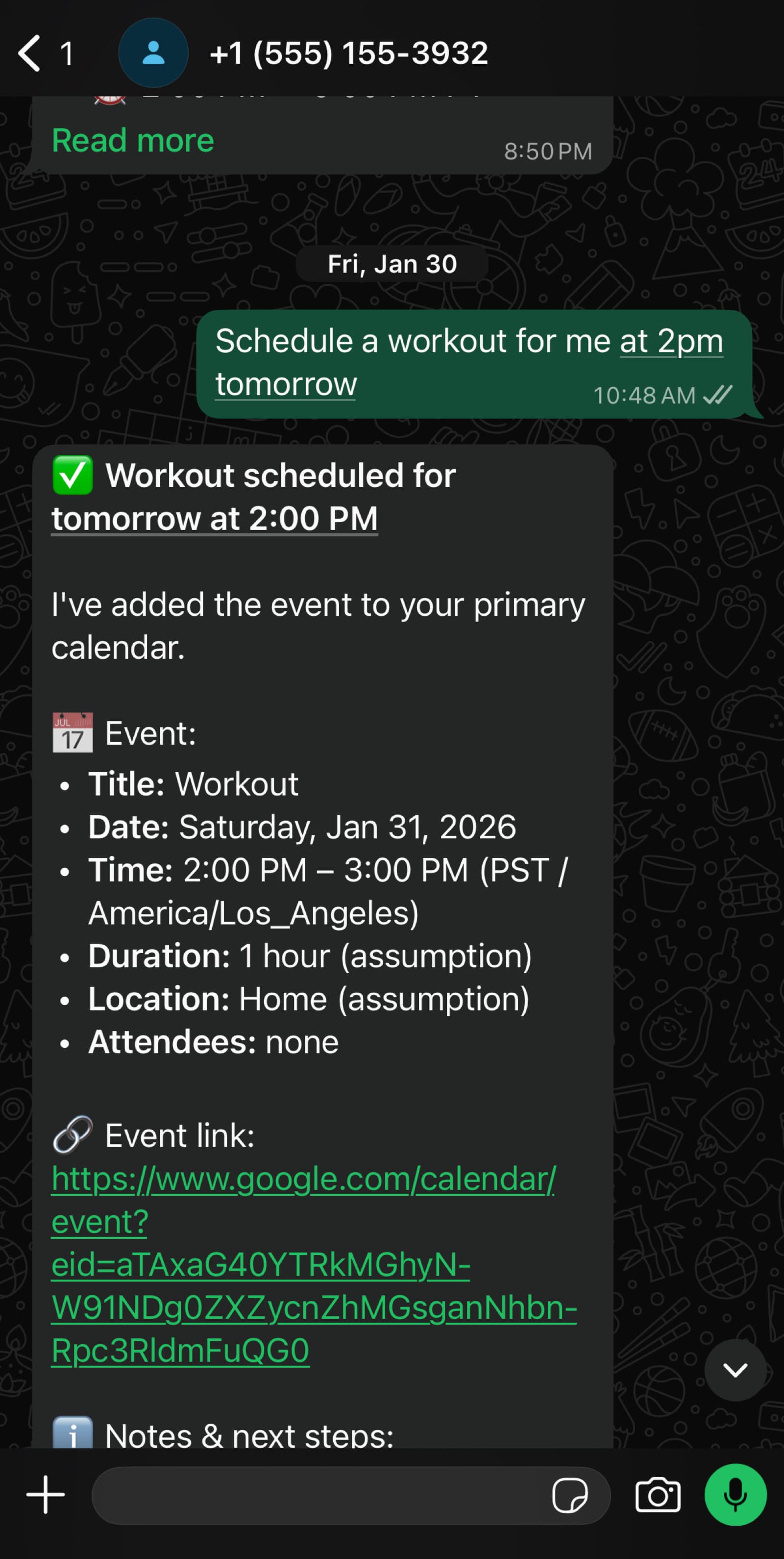 WhatsApp message asking Schedule a workout for me at 2pm tomorrow with assistant reply confirming the calendar event with date, time, duration, and event link