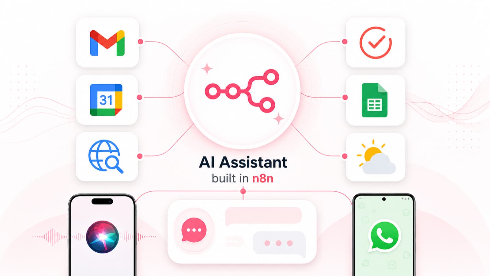 AI Assistant illustration with Gmail, Calendar, Search, To Do, Sheets, and Weather tool icons connecting into a central n8n logo, with Siri, custom GPT, and WhatsApp phone interfaces below