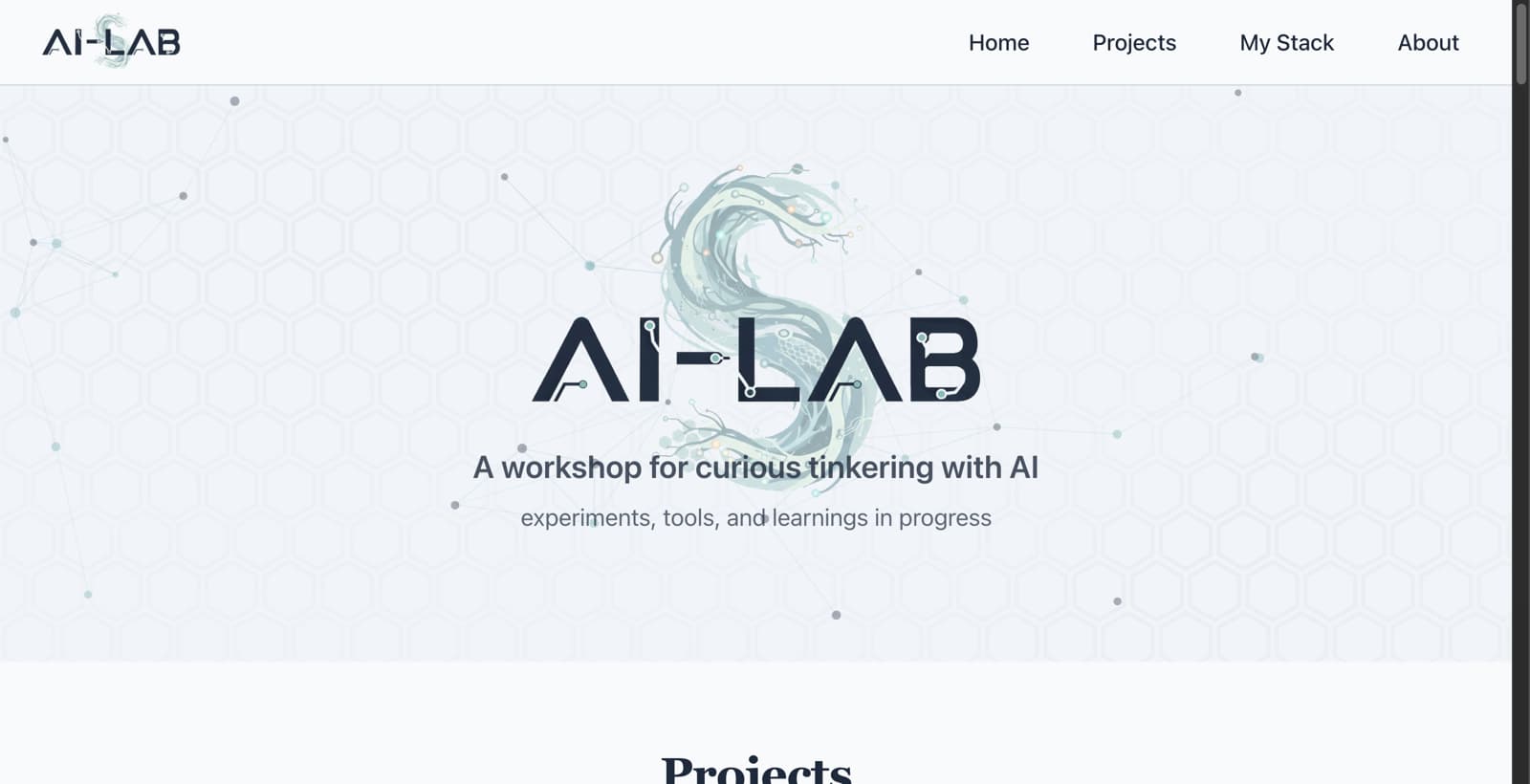 AI-Lab home page hero with wordmark and tagline "A workshop for curious tinkering with AI" over a faint hex-grid particle background