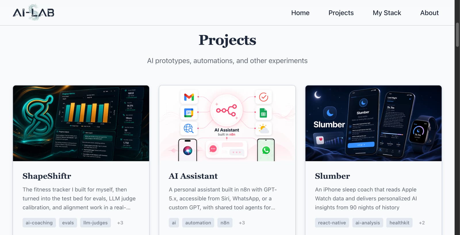 Projects page showing a grid of project cards including ShapeShiftr, AI Assistant, and Slumber with hero images, descriptions, and tag pills