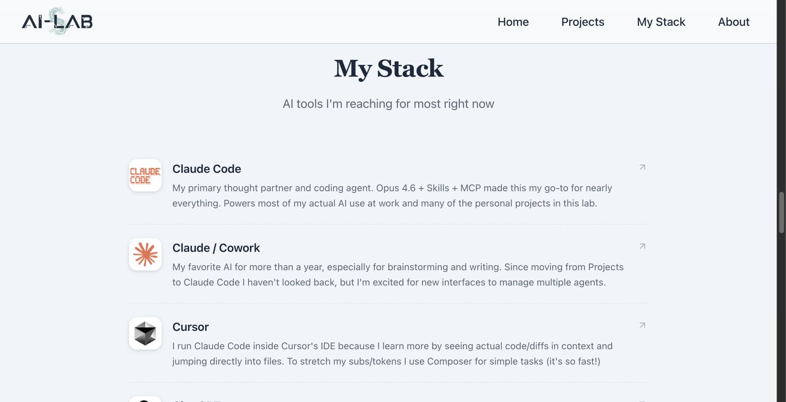 My Stack section listing AI tools currently in rotation, including Claude Code, Claude/Cowork, and Cursor with a short note on how each is used