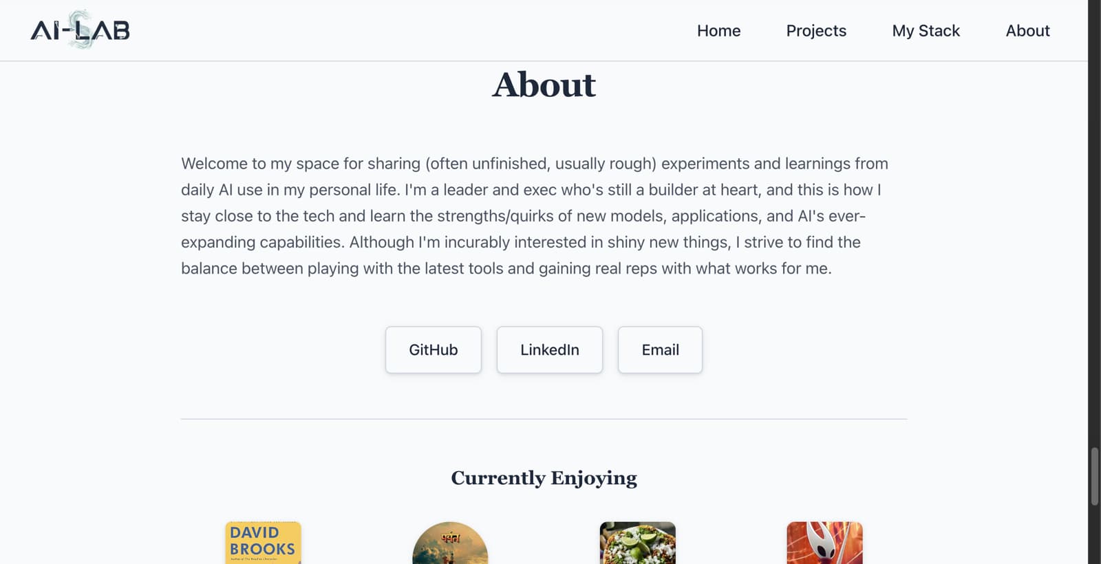 About section with welcome paragraph, GitHub/LinkedIn/Email buttons, and the start of a Currently Enjoying row
