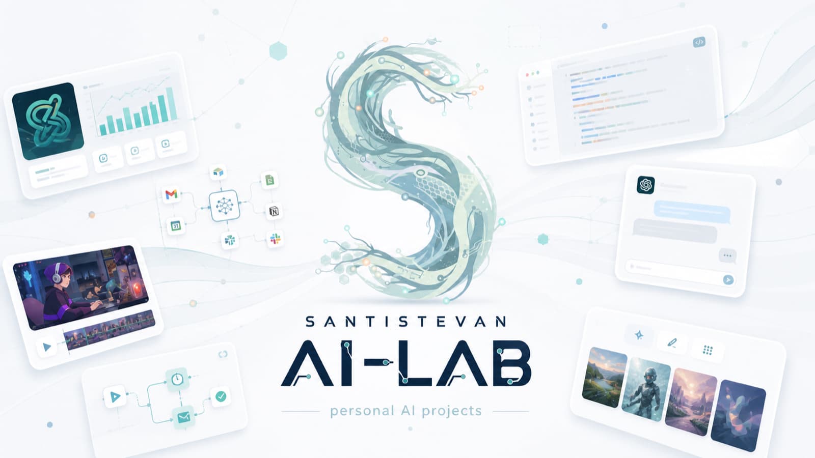 Centered AI-LAB wordmark with a stylized teal organic figure replacing the I, surrounded by floating mockups of project screens, charts, and chat interfaces