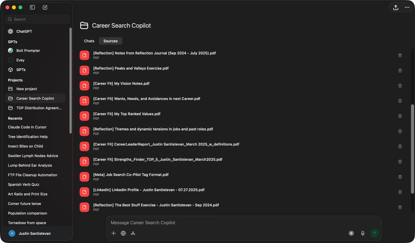 The original Career Search Copilot ChatGPT Project showing the Sources tab populated with reflection PDFs, strengths assessments, vision notes, and ranked values exercises