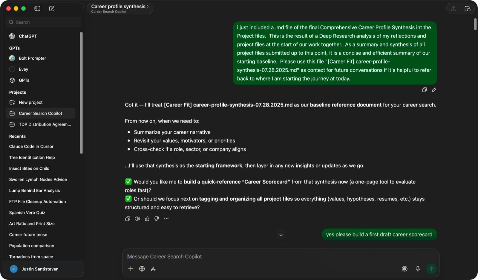 ChatGPT conversation in the Career Search Copilot project where the user uploads a synthesized career profile and asks Claude to draft a first-pass scorecard for evaluating roles