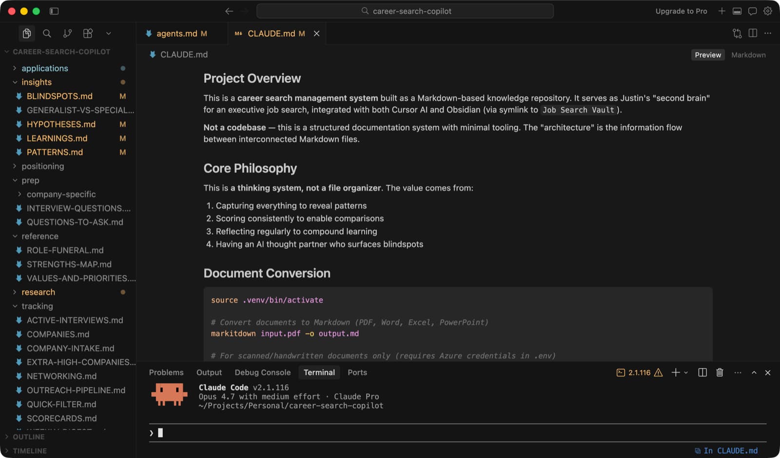 Cursor IDE showing the Career Copilot project with the file tree on the left, CLAUDE.md preview in the editor, and Claude Code running in the integrated terminal