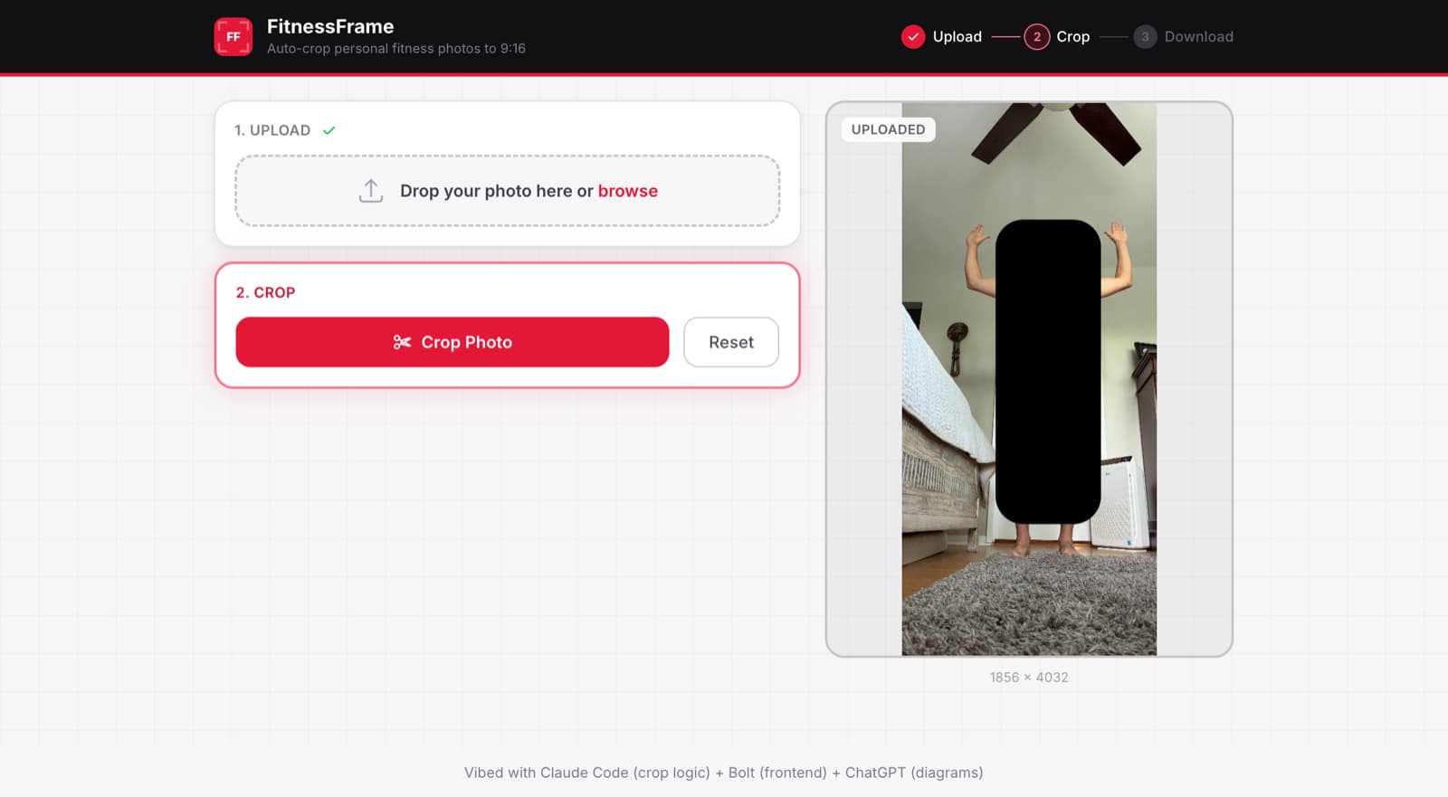 Photo uploaded step with full-size image preview and Crop Photo button