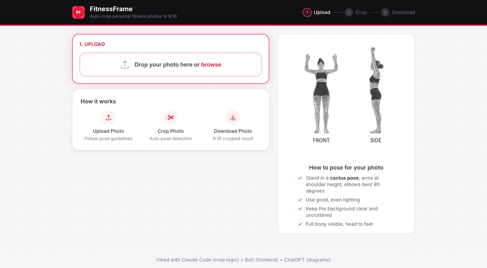 FitnessFrame upload screen with pose guide diagrams showing front and side view positions