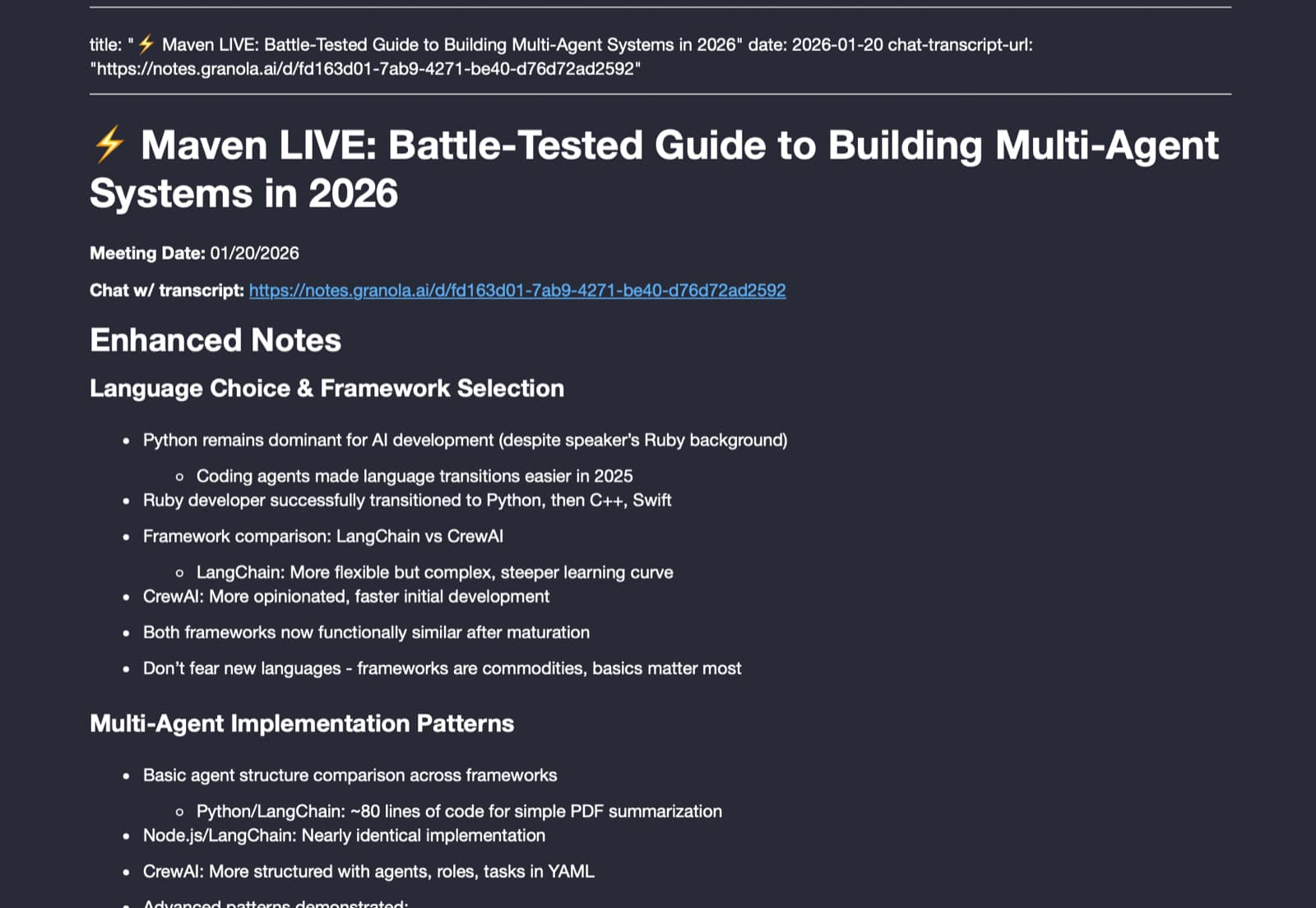 A rendered Granola meeting file in the final markdown format, showing YAML frontmatter, meeting date, transcript link, and AI-enhanced notes for a talk on multi-agent systems