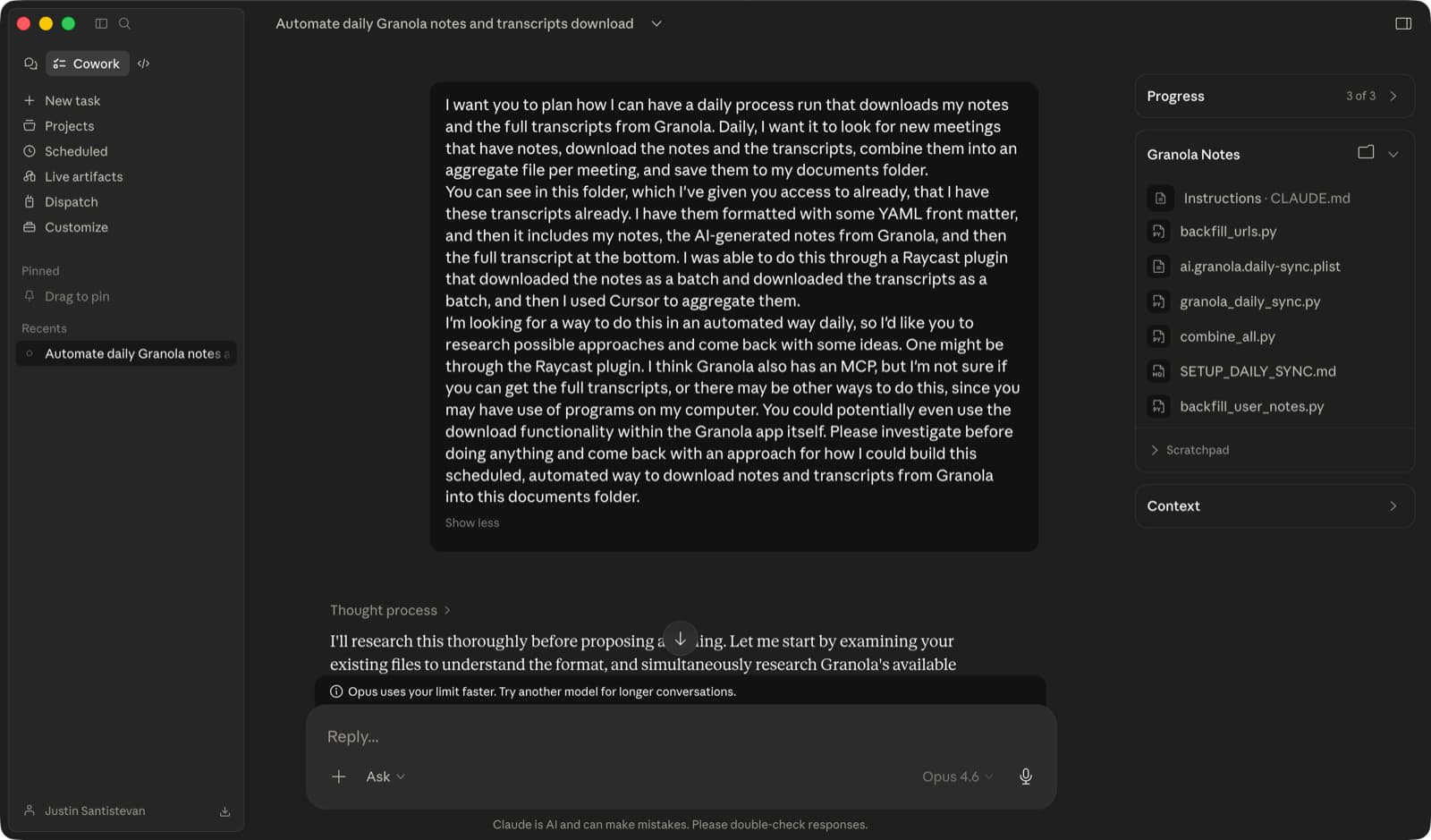 Claude Cowork prompt asking Opus 4.6 to research approaches for automating daily Granola notes and transcripts download, with existing local files listed in the side panel