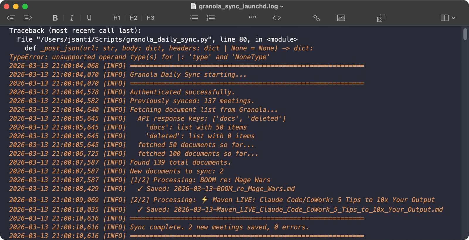 Terminal log of the script running on schedule, showing an earlier crash traceback followed by a clean run that fetches and saves two new meetings with no errors