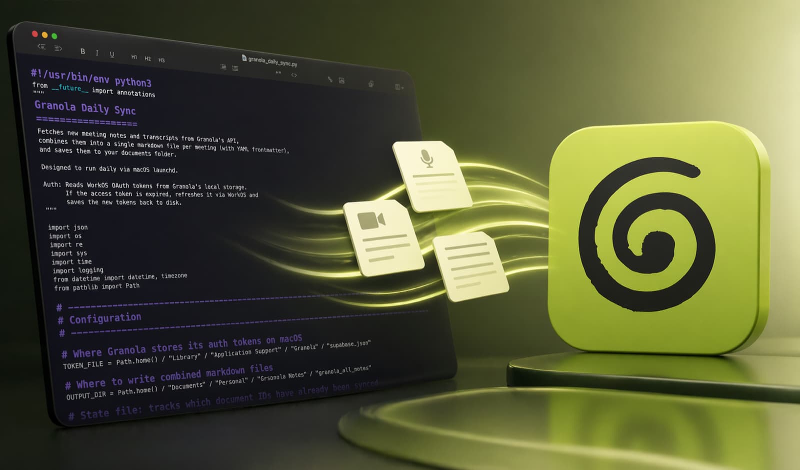 Stylized rendering of the Granola Daily Sync Python script in a terminal beside the Granola app icon with floating document icons representing exported markdown