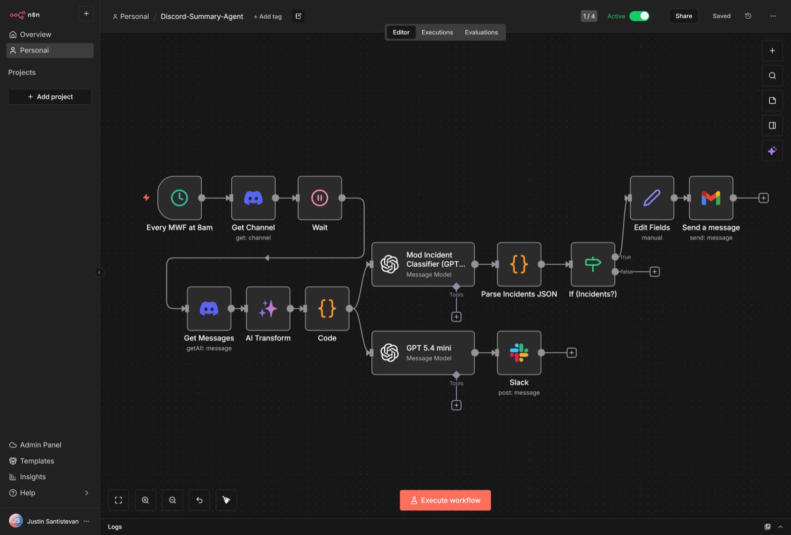 Discord Channel Summarizer workflow graph in n8n editor with parallel tracks for Slack summary and email mod-incident classifier