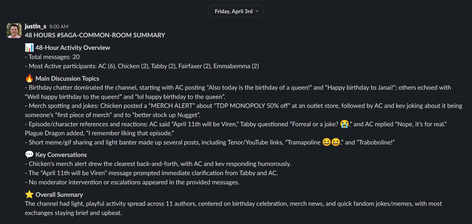 Generated Discord summary delivered to Slack with sections for activity, discussion topics, and key conversations