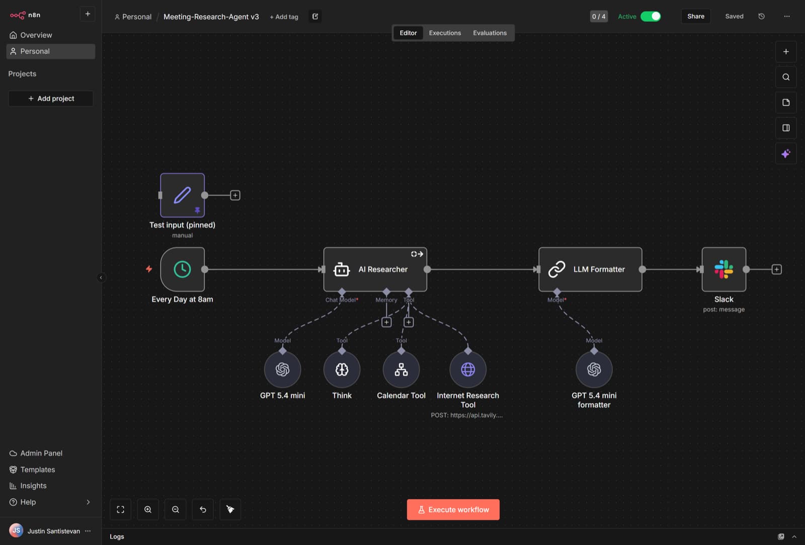 Meeting Researcher workflow graph in n8n editor showing AI Researcher node with Calendar, Contacts, and Tavily tools feeding into a separate AI Formatter node
