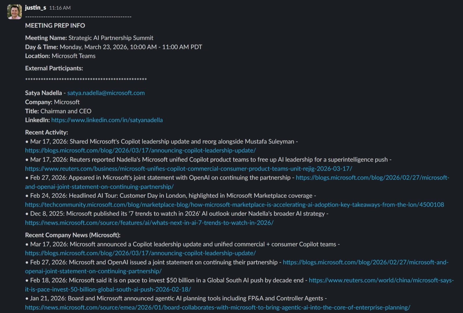 Meeting Researcher Slack output with attendee bio, recent activity, and recent company news
