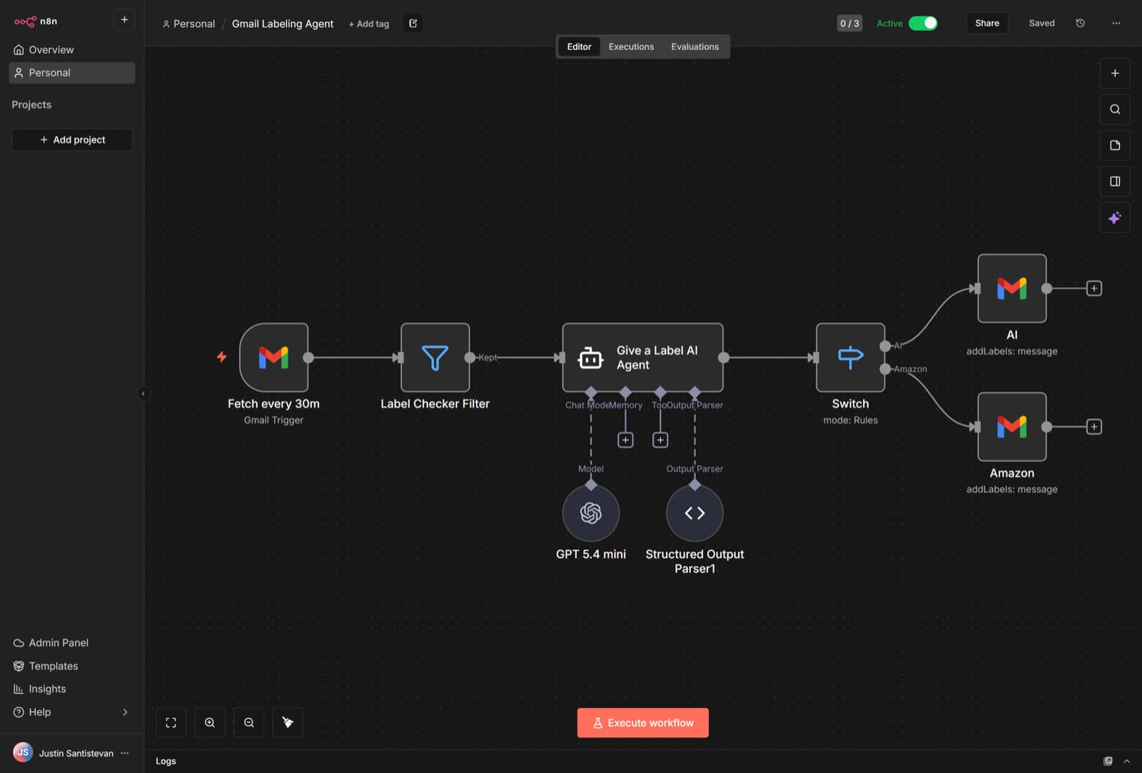 Gmail Labeler workflow graph in n8n editor with label checker filter, AI agent, and switch routing to AI or Amazon labels
