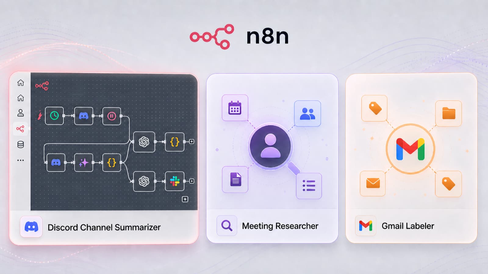 Three n8n workflow icons under the n8n logo - Discord Channel Summarizer, Meeting Researcher, and Gmail Labeler