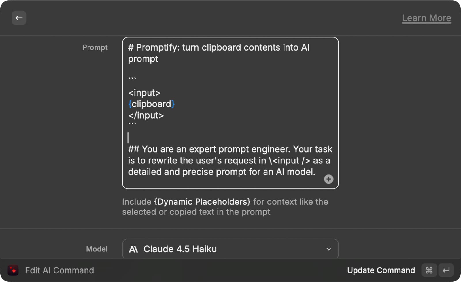 Promptify command edit screen showing the prompt that rewrites clipboard contents into a precise AI prompt, set to run on Claude 4.5 Haiku