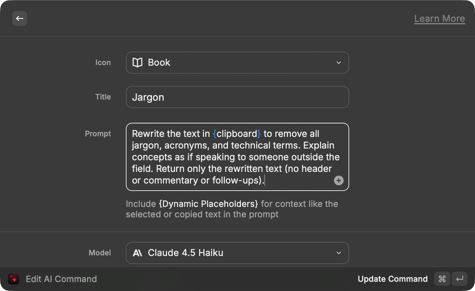 Jargon command edit screen with a single-instruction prompt that rewrites clipboard text without jargon or acronyms, set to run on Claude 4.5 Haiku