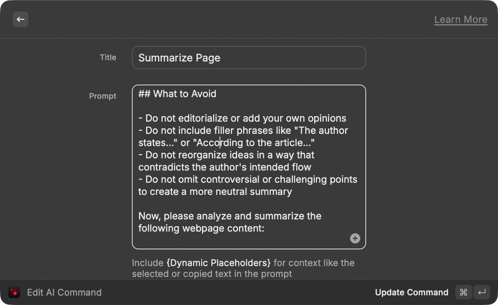 Summarize Page command edit screen showing the What to Avoid section of the prompt, including rules against editorializing or adding filler phrases
