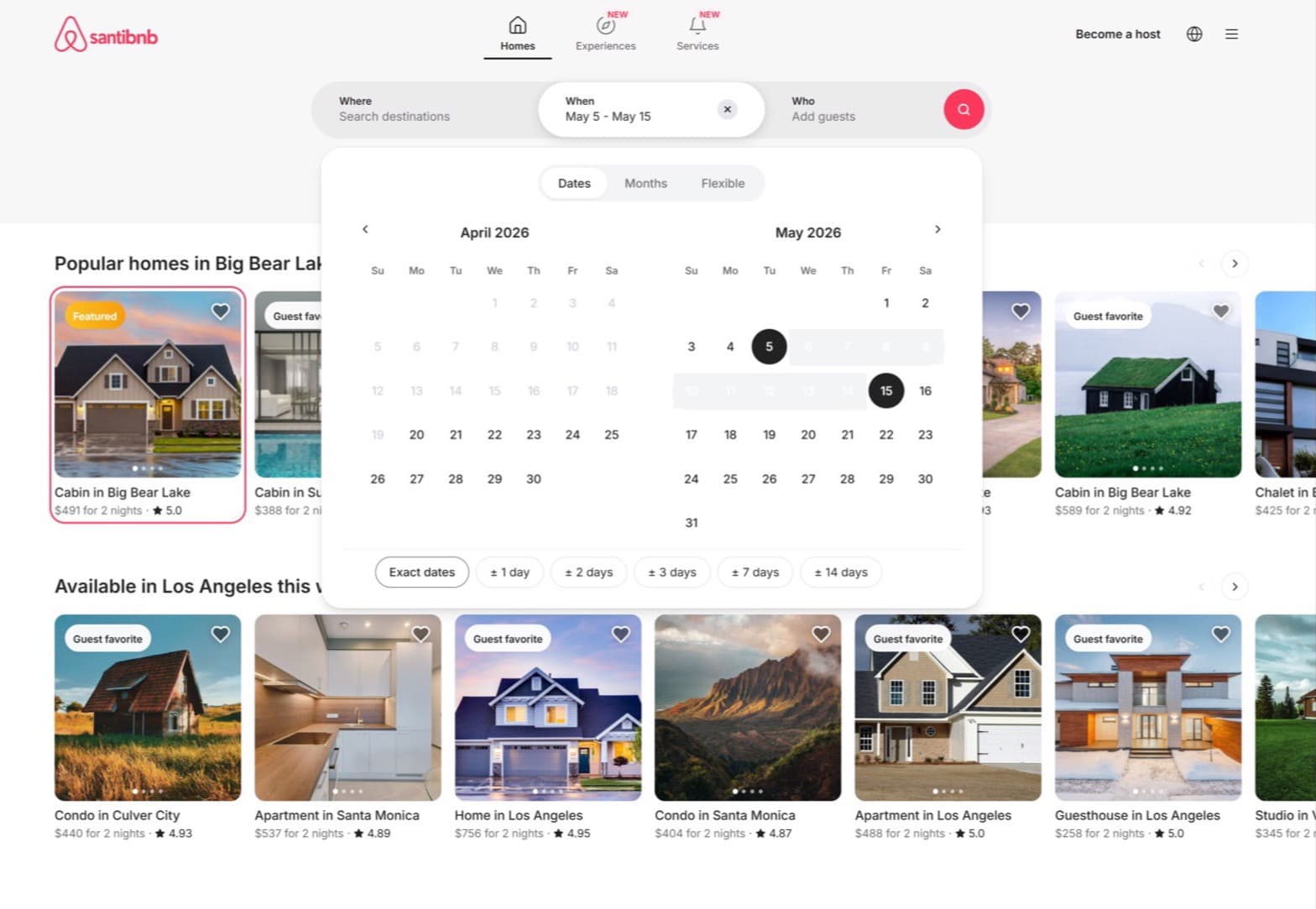 Santibnb homepage with the date picker open showing April and May 2026 calendars and a selected May 5 to May 15 range