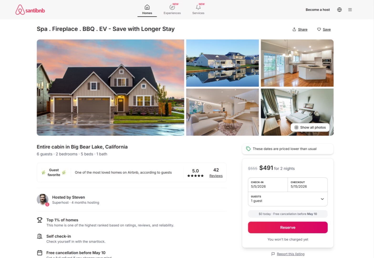 Listing detail page for an entire cabin in Big Bear Lake with a five-image photo grid, host and superhost badge, and a reservation card showing $491 for two nights