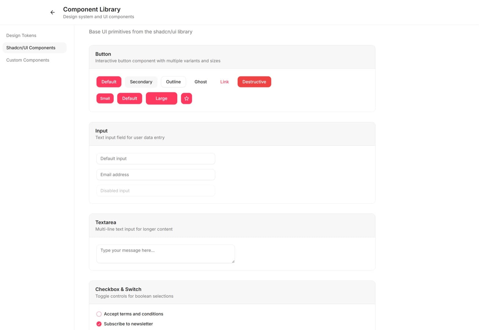Component Library style guide on the Shadcn/UI Components tab showing Button variants and sizes, Input fields, Textarea, and Checkbox and Switch toggle controls