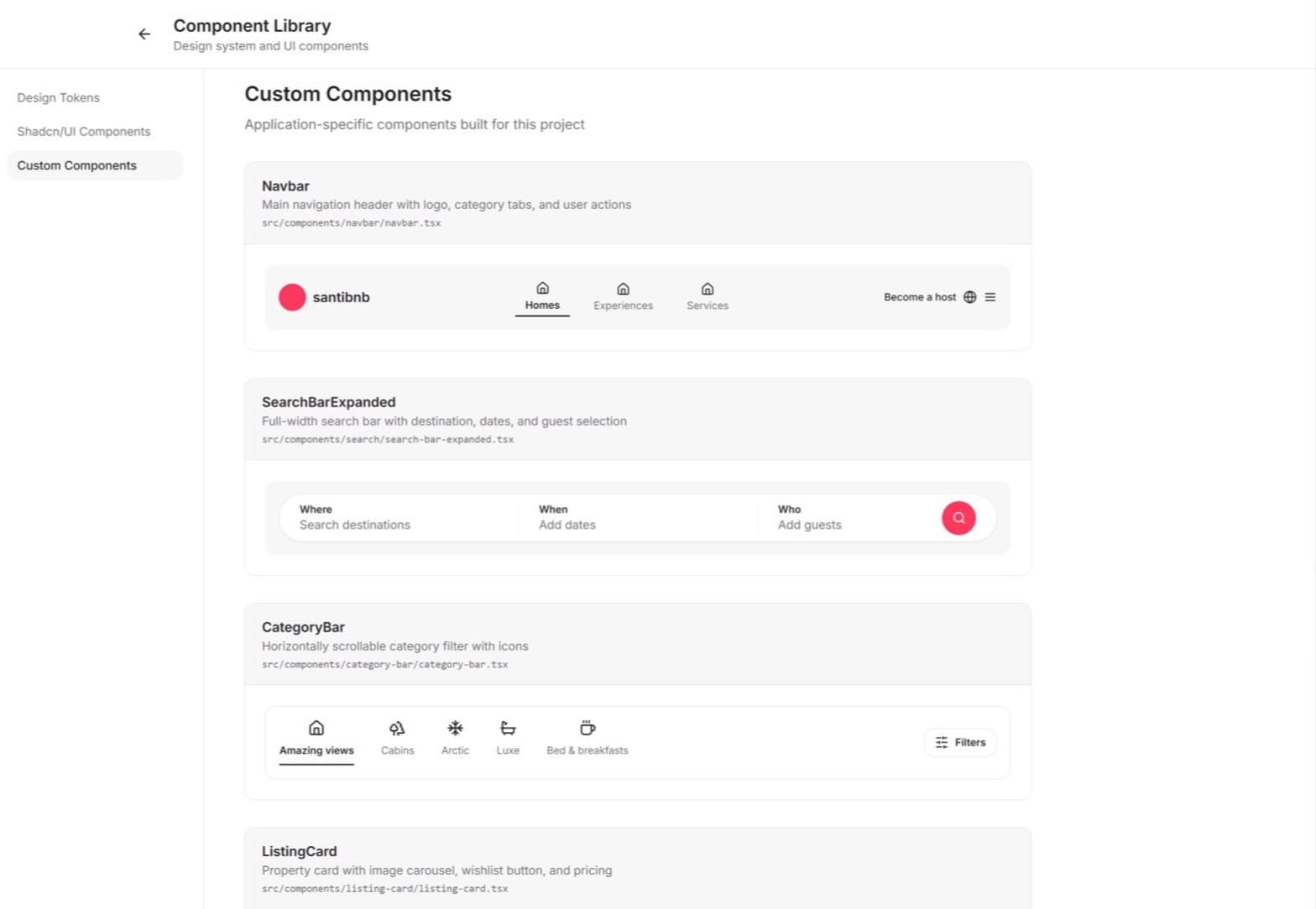 Component Library style guide showing the Custom Components tab with Navbar, SearchBarExpanded, CategoryBar, and ListingCard previews and their source paths