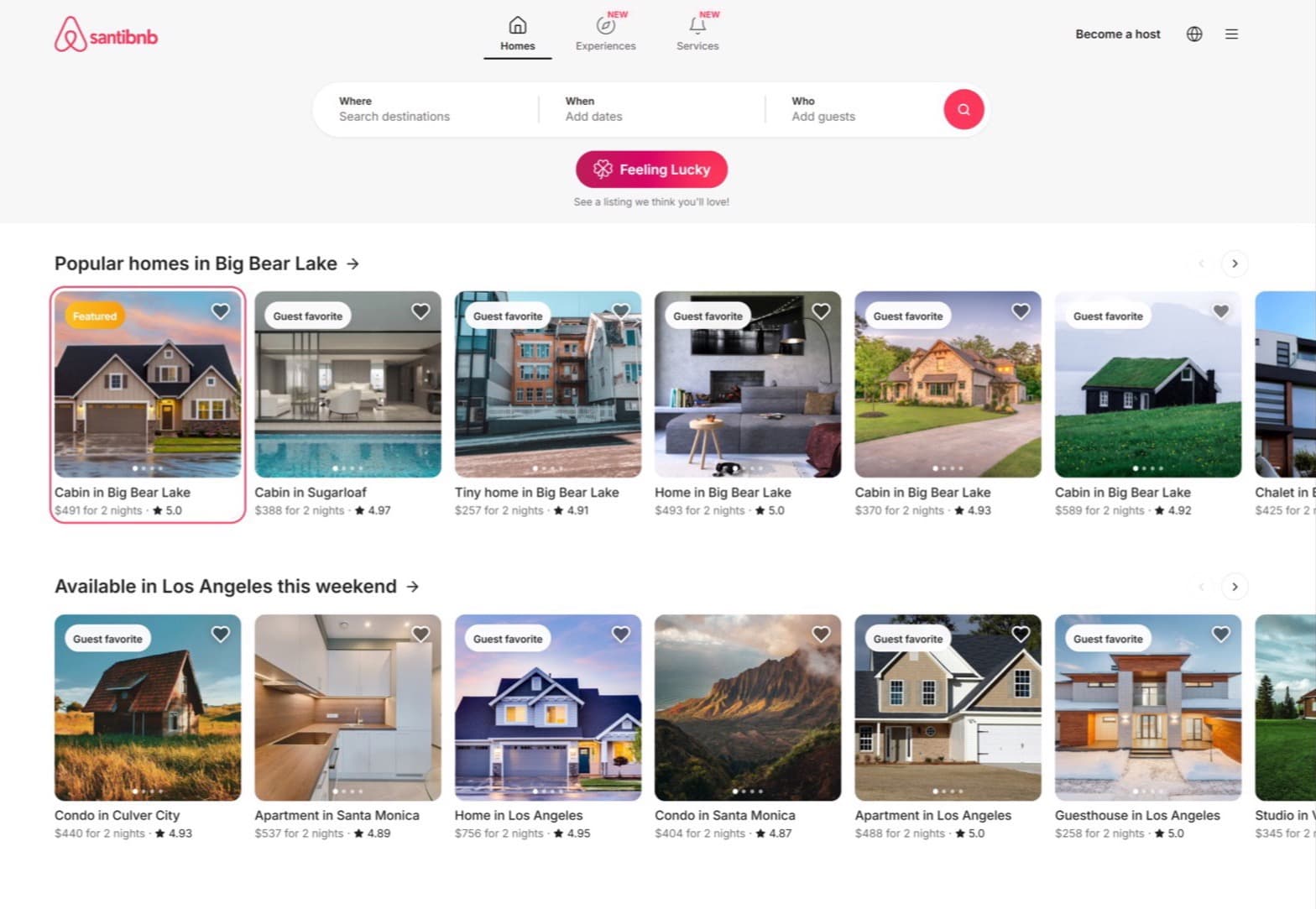 Santibnb homepage with the experimental red "Feeling Lucky" button under the search bar and a highlighted "Featured" tile leading the Big Bear Lake listings row