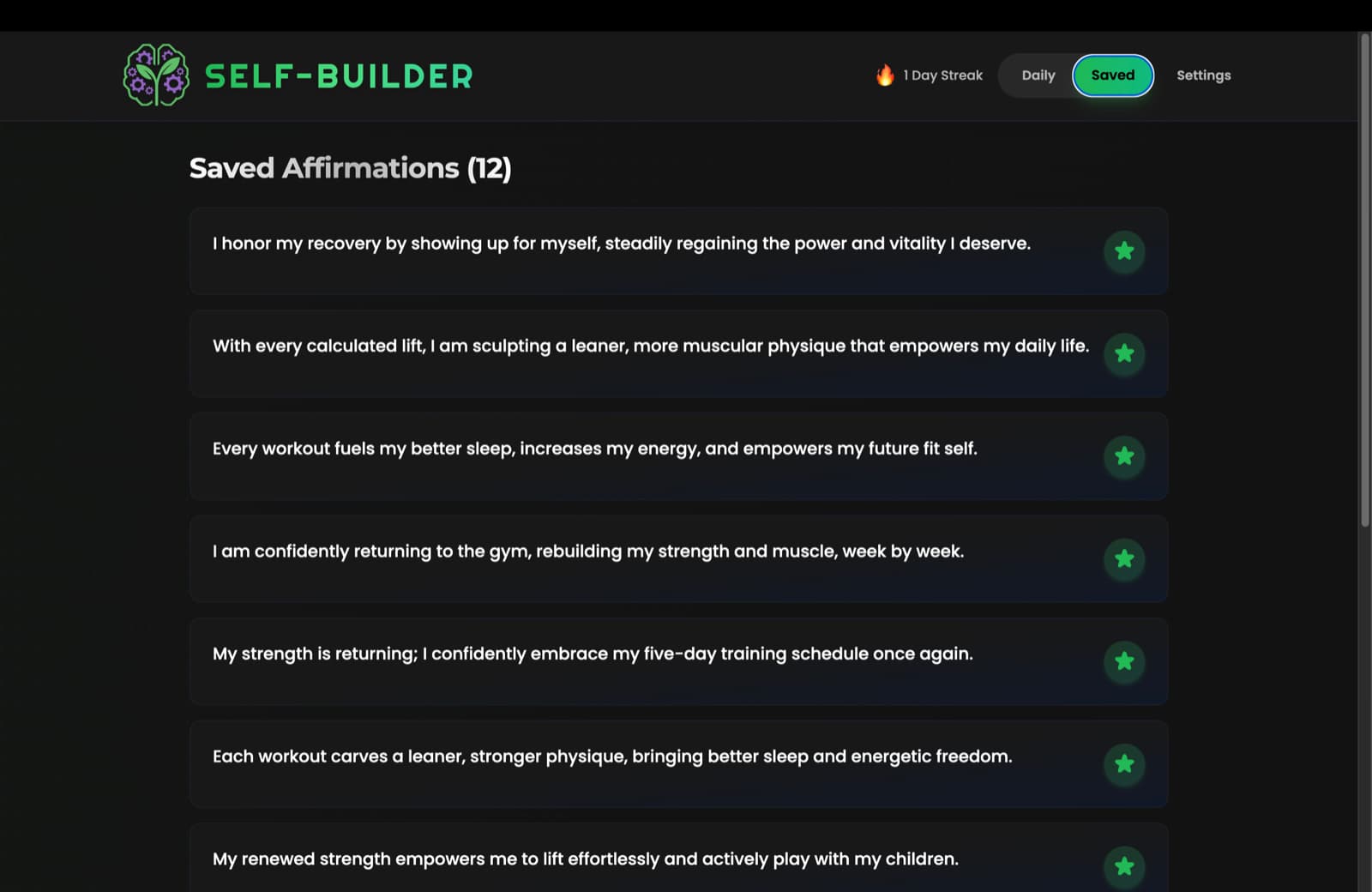Saved affirmations view showing 12 saved items with star toggles