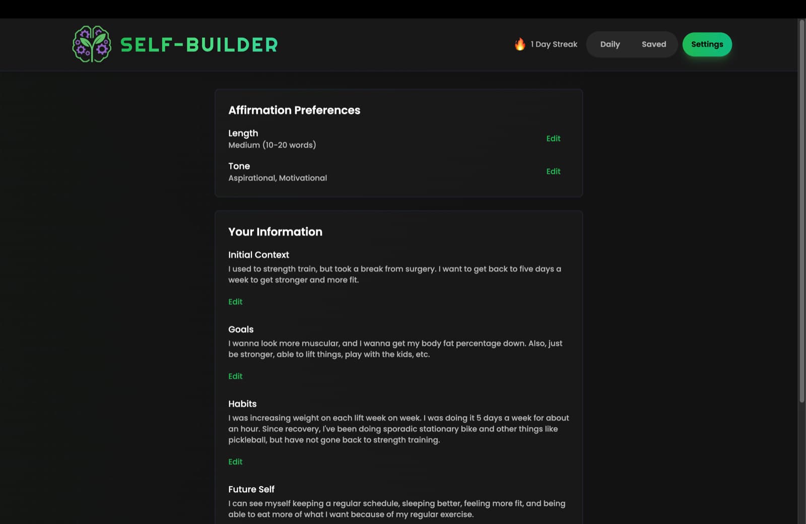 Settings page with affirmation preferences, goals, habits, and future self context