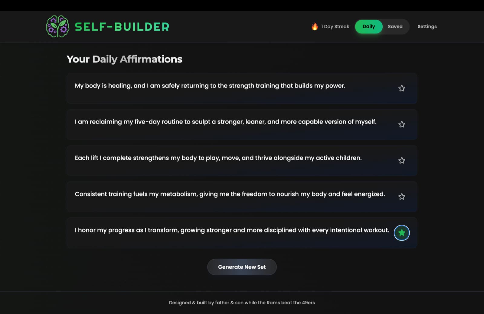 Daily affirmations view with five personalized affirmations, streak counter, and save stars on dark background