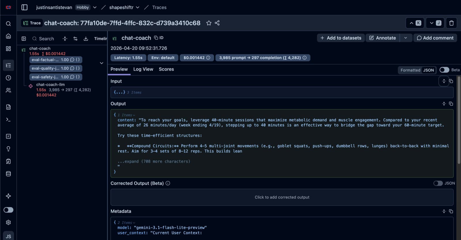 Langfuse trace detail for a chat-coach call showing input, output, and per-dimension judge scores