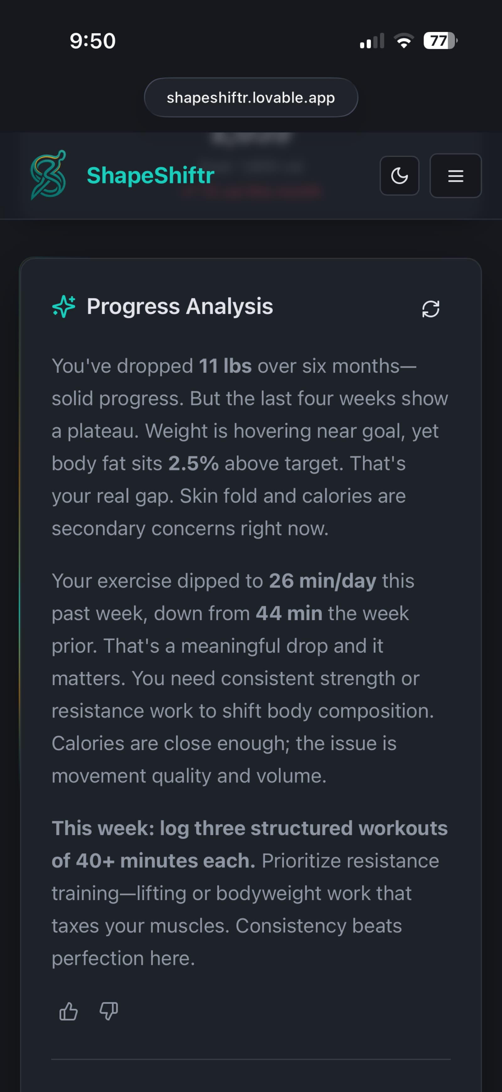 Mobile AI Progress Analysis card with a multi-paragraph weekly summary