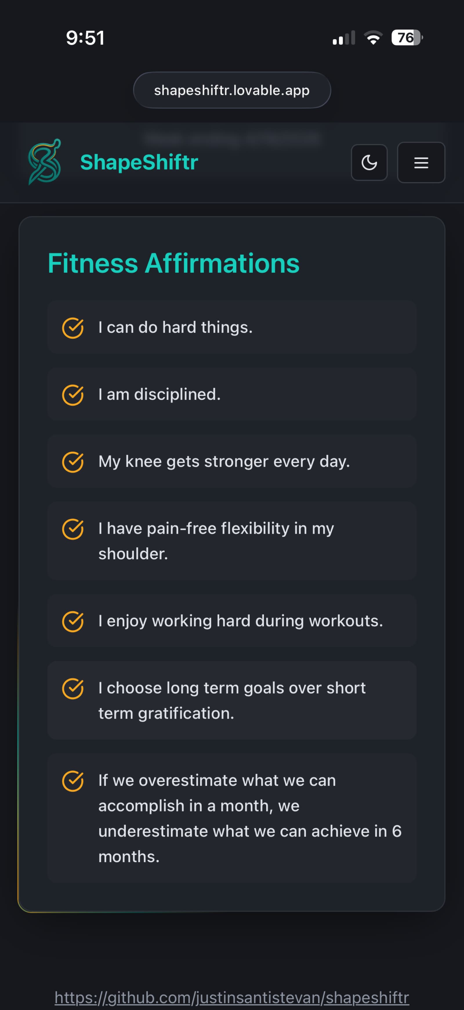 Mobile Fitness Affirmations list