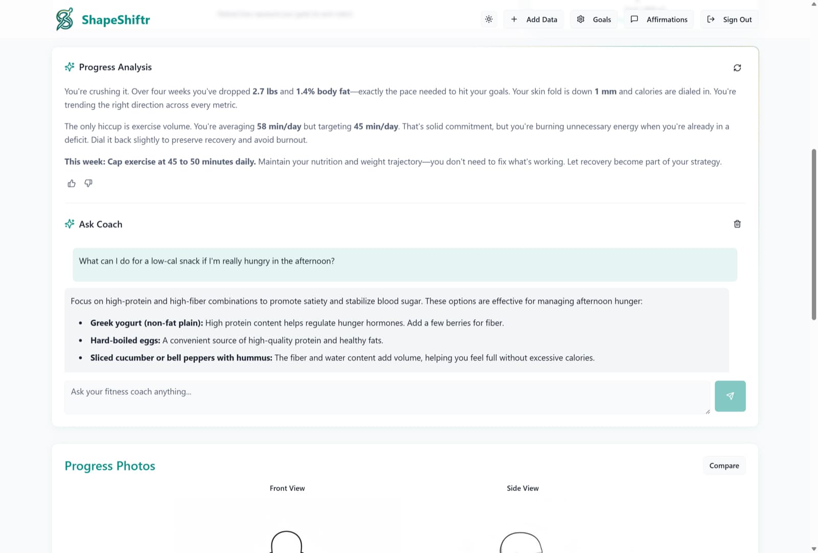 AI Progress Analysis summary above an Ask Coach chat asking about low-cal afternoon snacks