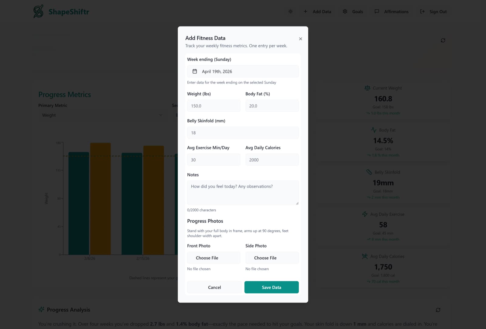 Add Fitness Data modal with weekly metric inputs, notes, and front and side progress photo uploads