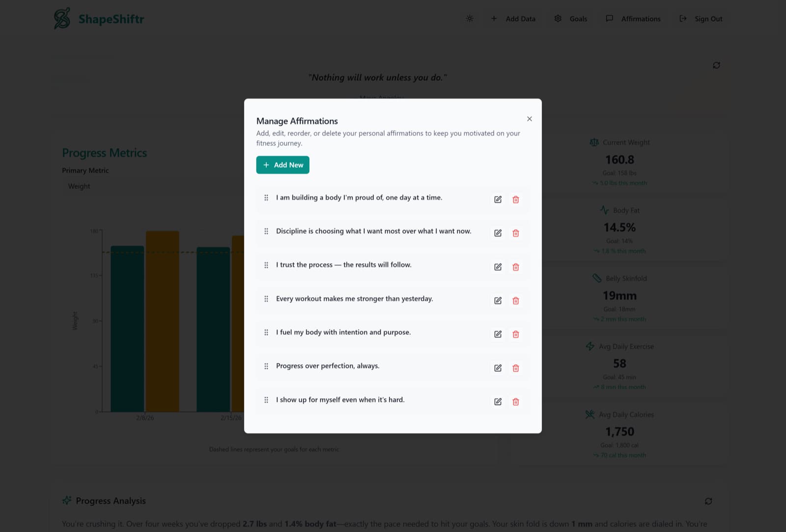 Manage Affirmations modal with a drag-and-drop list of personal motivational statements