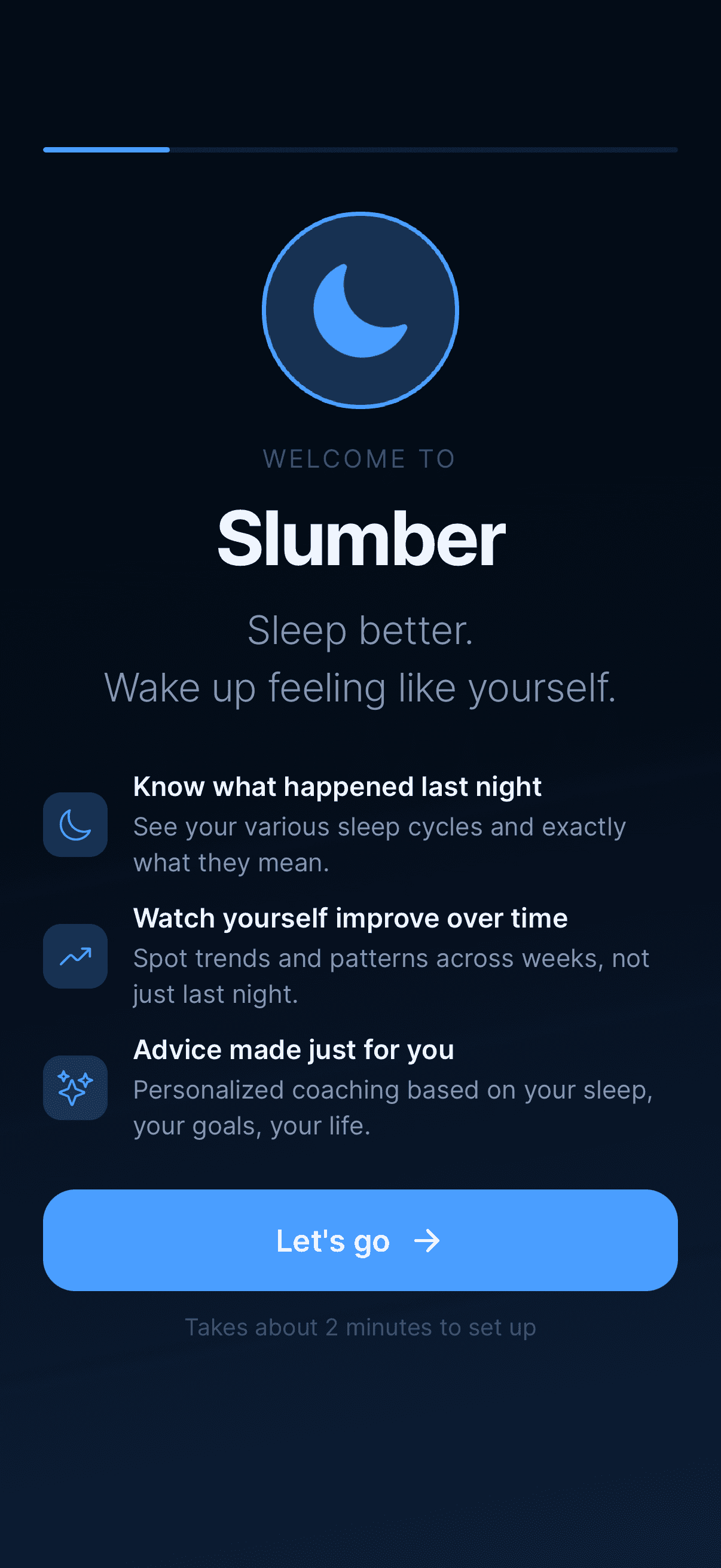 Welcome screen with moon logo and three feature highlights