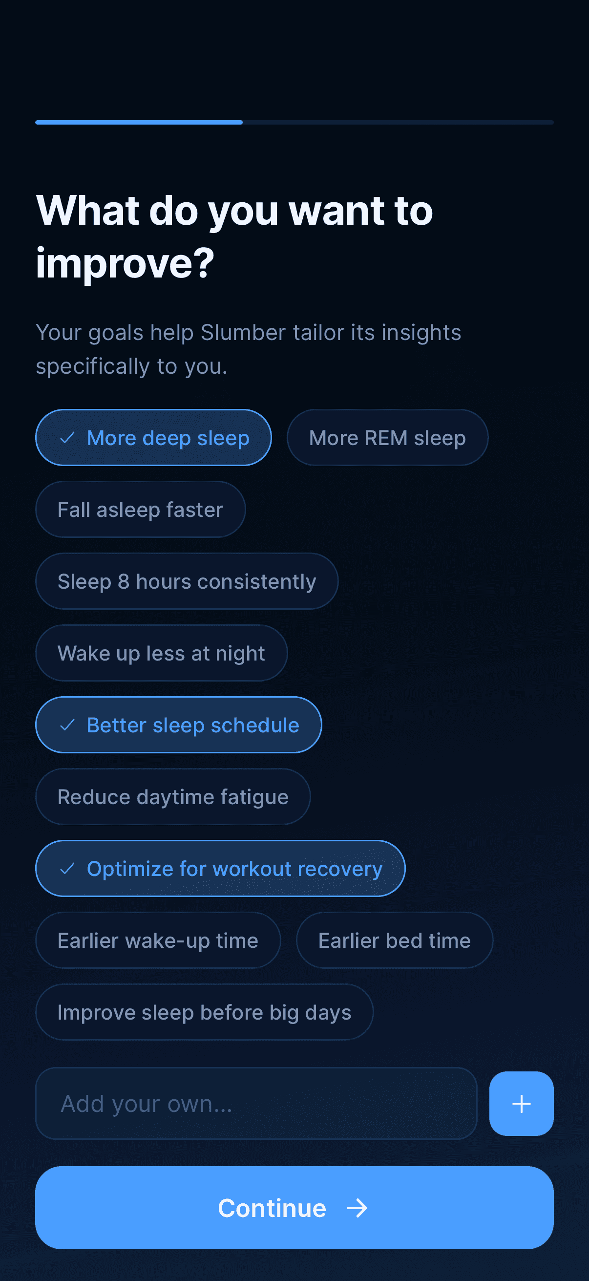 Sleep goal selection screen with chip-style multi-select options