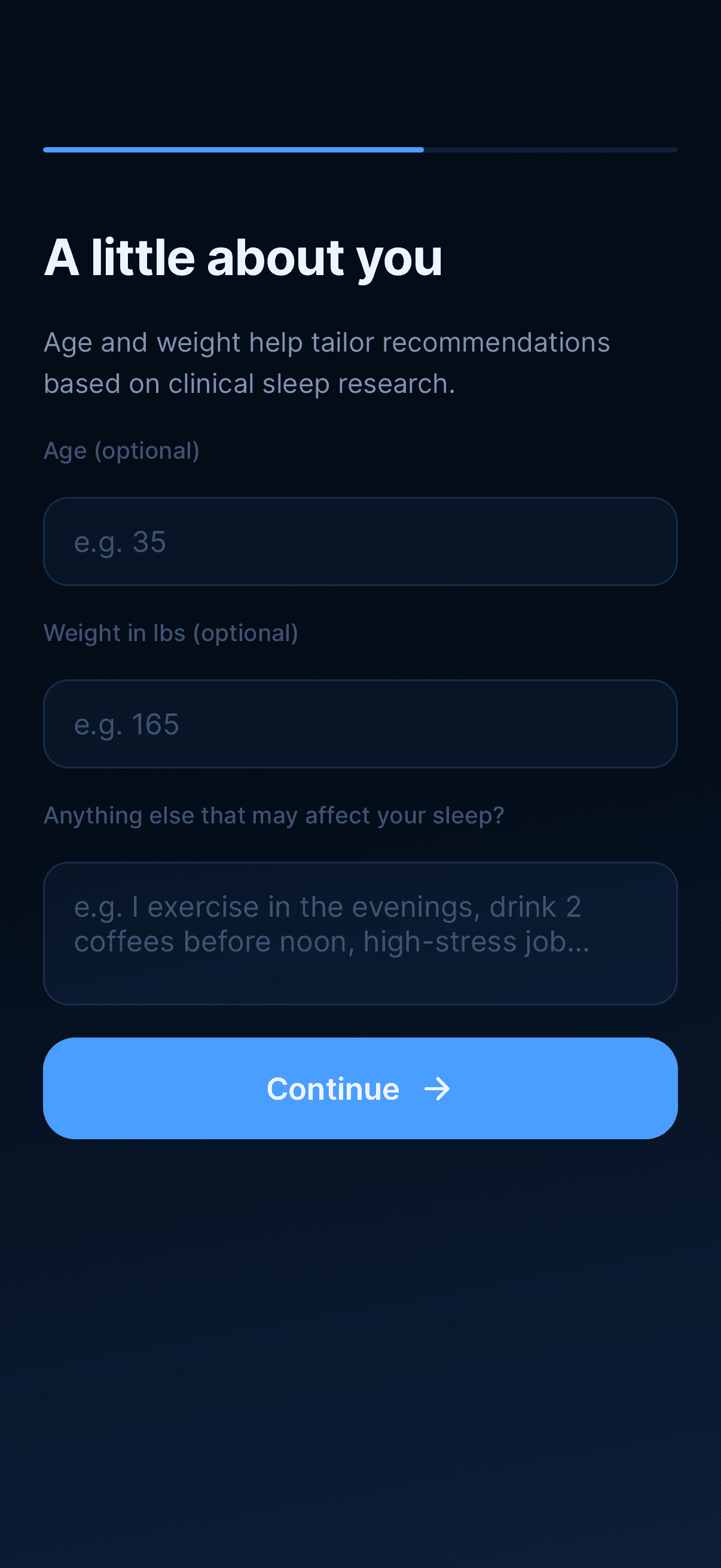 About you onboarding step collecting age, weight, and sleep context
