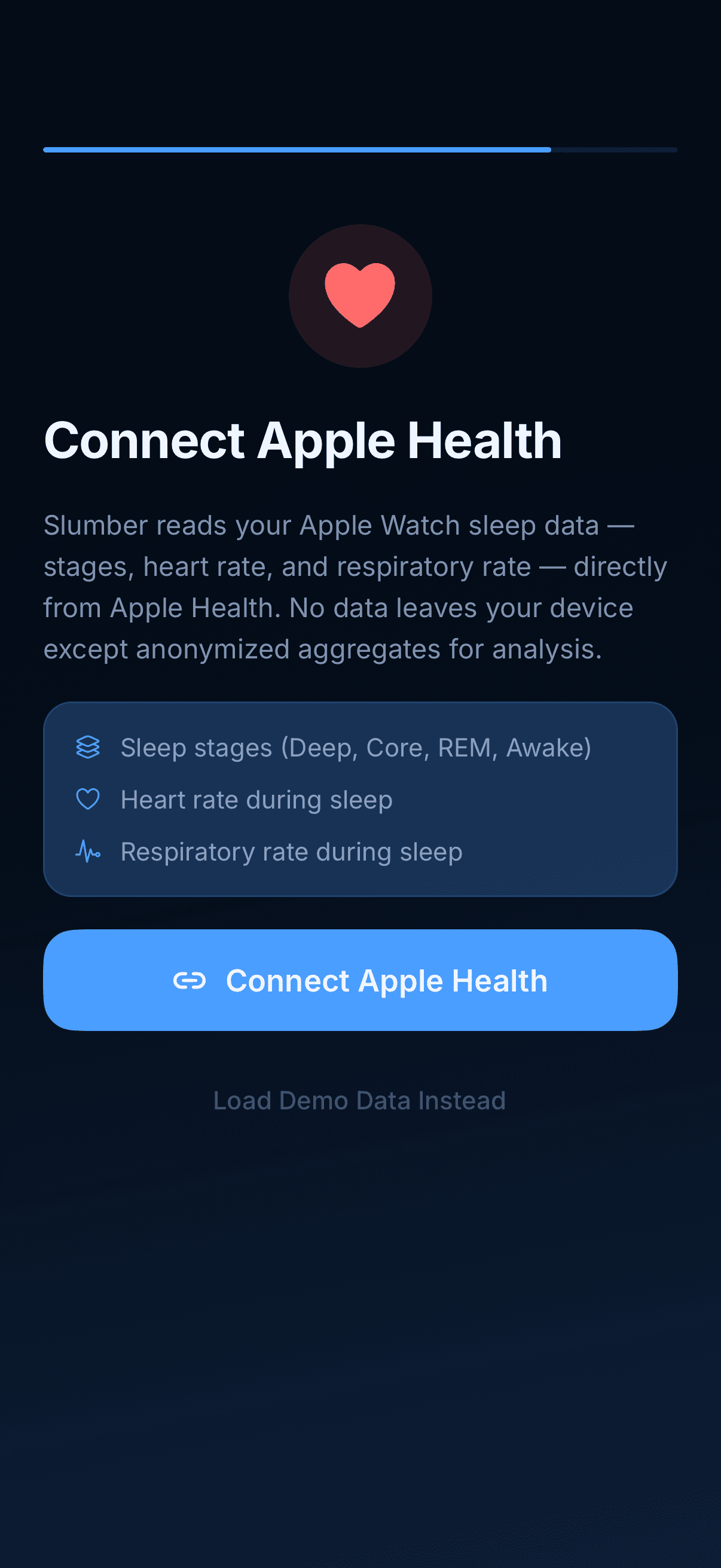 Connect Apple Health screen listing sleep stages, heart rate, and respiratory data