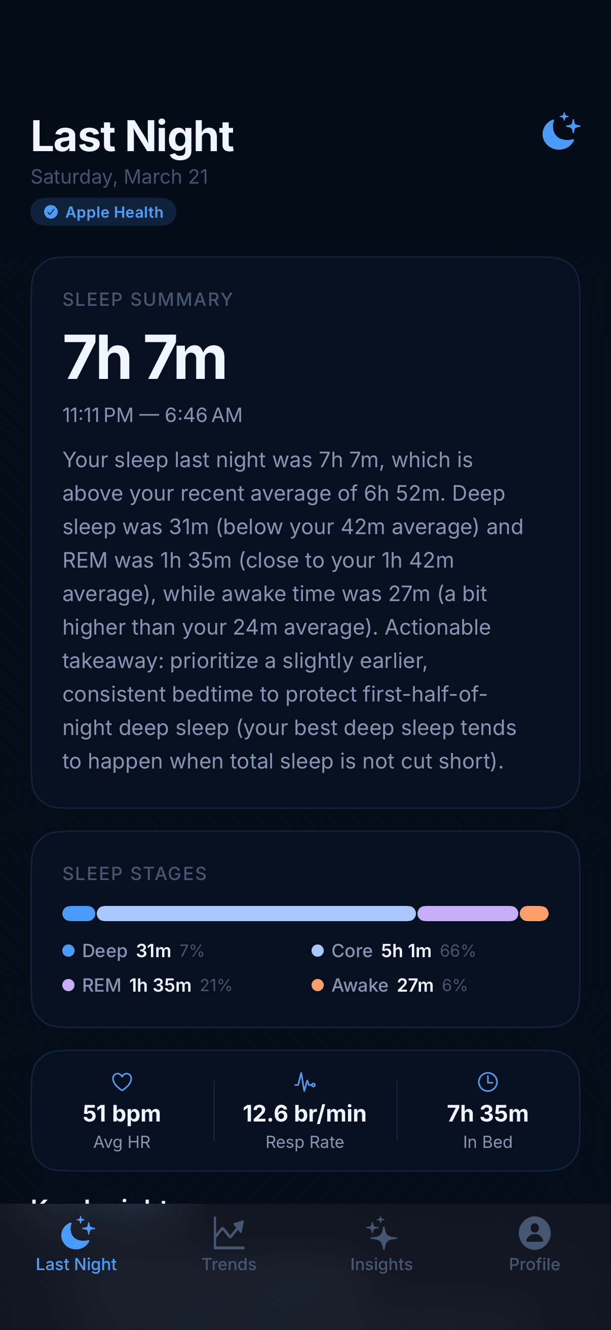 Last Night tab showing 7h 7m sleep summary with stage breakdown and vitals