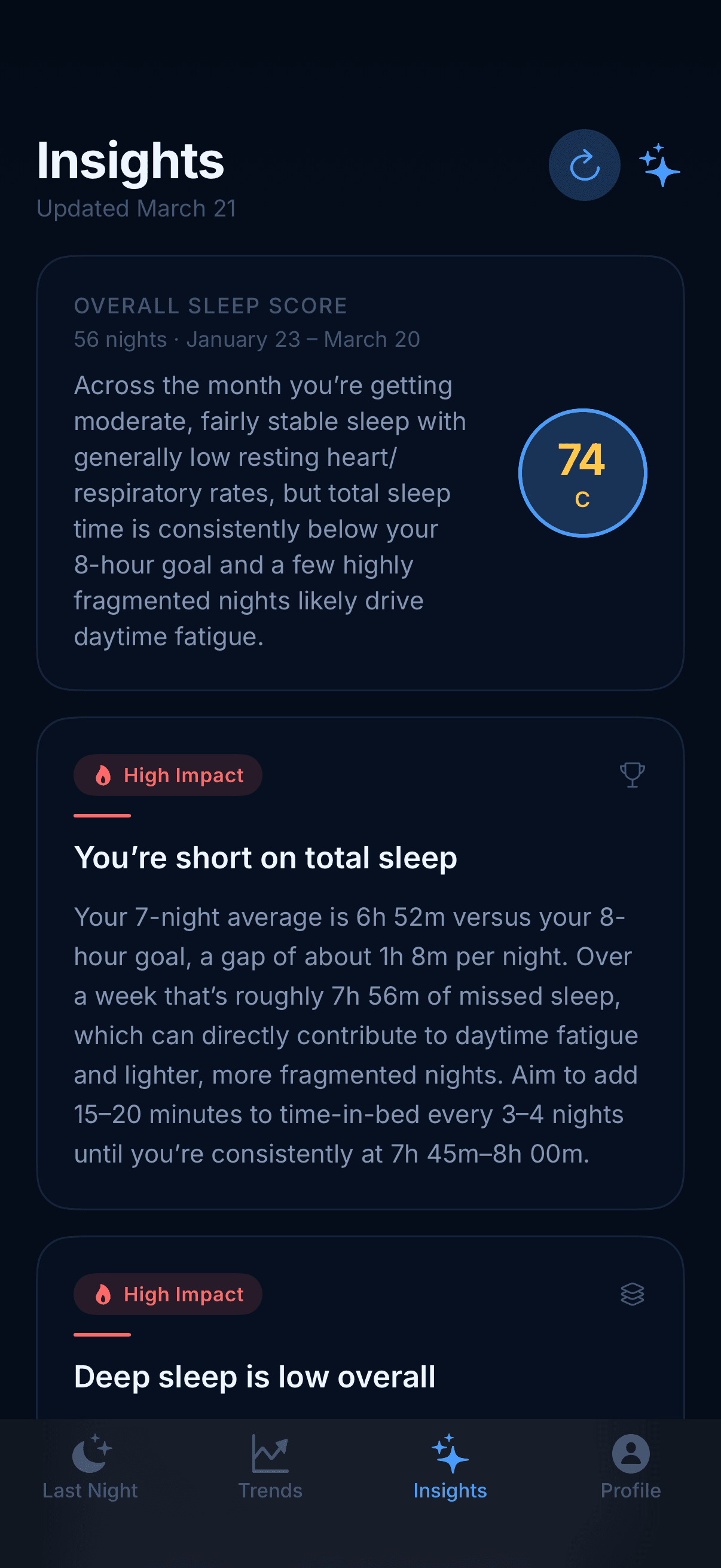 Insights tab showing overall sleep score of 74 and high-impact recommendation cards